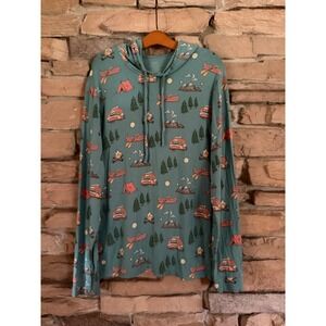 MeUndies Womens XL Camping Print Hoodie Teal Green Long Sleeve Pullover Lounge